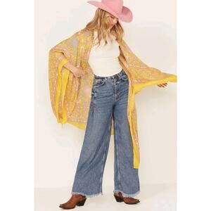 Free People Kimono Magic Dance Border Print Mellow Yellow One Size Floral